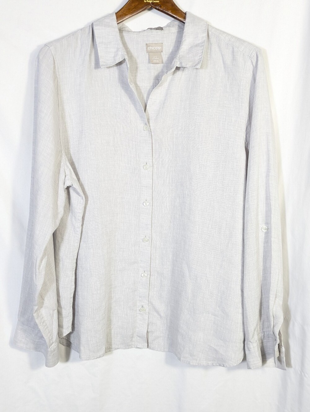 Chicos Linen Button Down Shirt Light Gray Tab Sleeve Coastal Earthy Minimalist